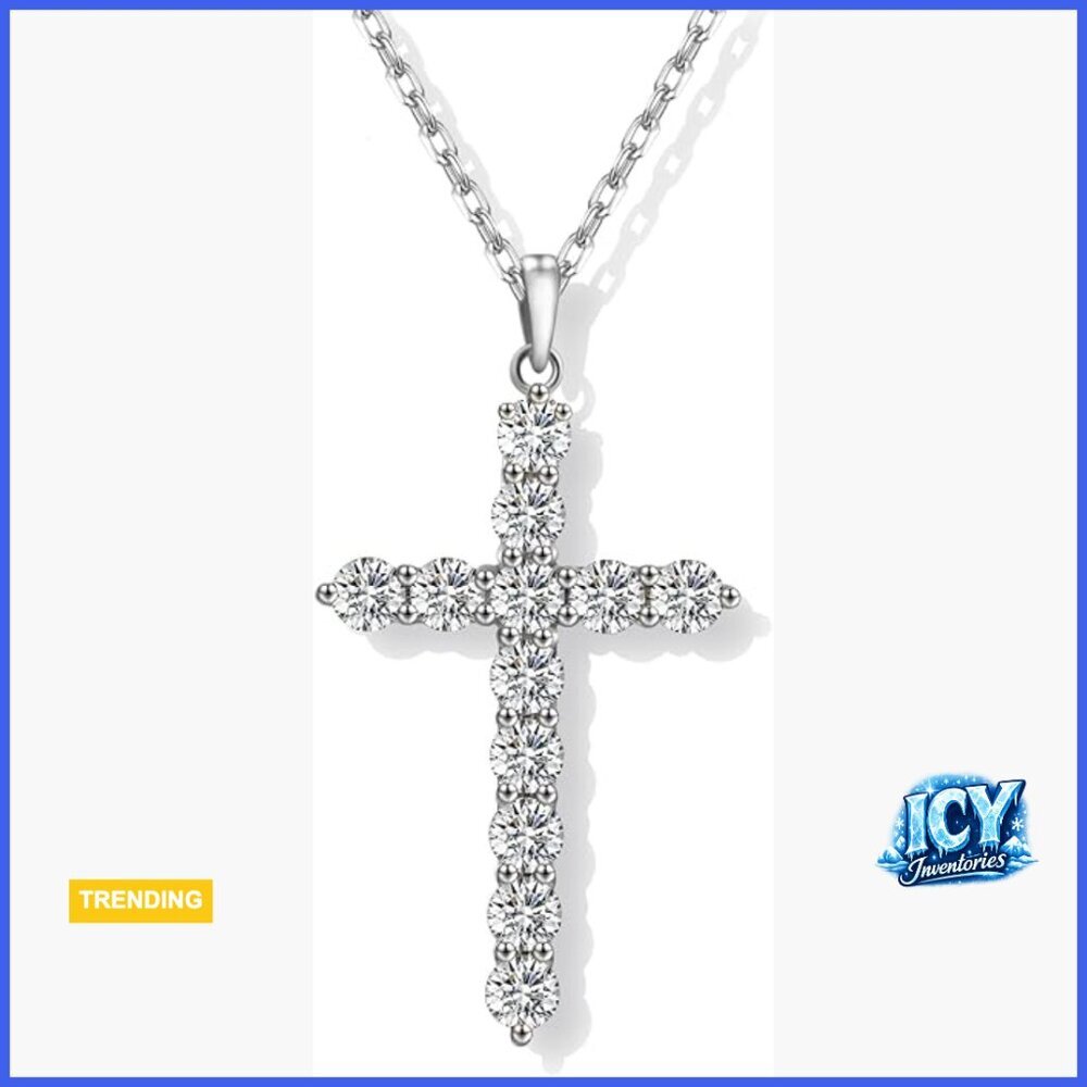 Sterling Silver Cross Pendant Necklace with Moissanite Gemstones